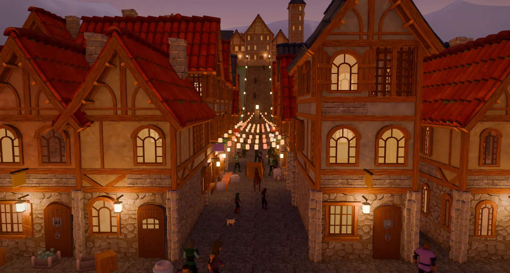 Lamp Row at dusk, lamp strings over the street and the Academy on the hill