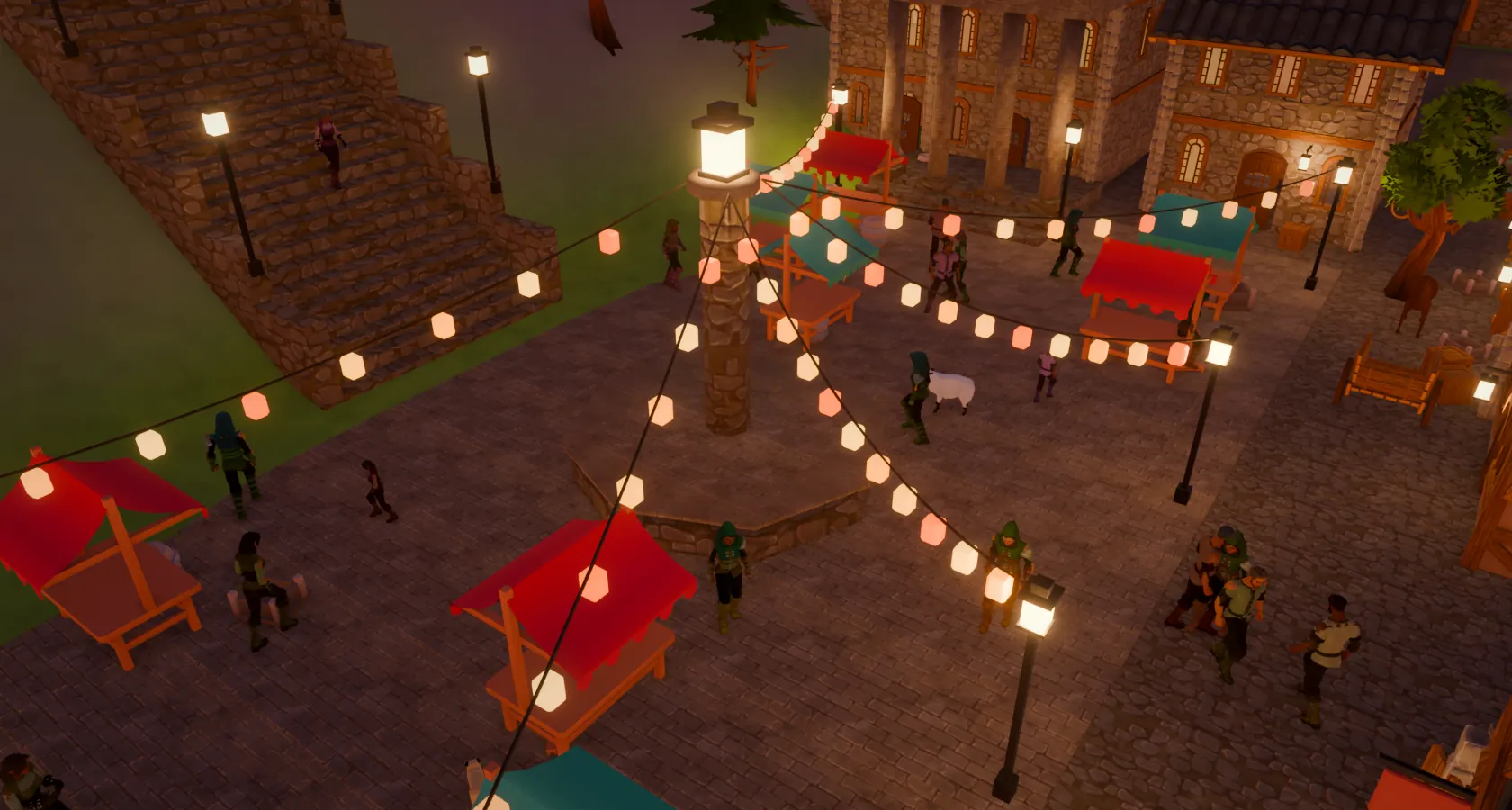 The market square on market day, stalls round the great lamp